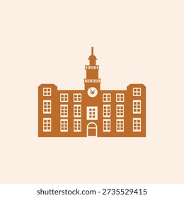 A solid, tan-colored silhouette of a traditional multi-story building featuring a prominent central clock tower and symmetrical windows. Perfect for educational, municipal, or historical themes, this minimalist vector captures the essence of a campus or civic center.