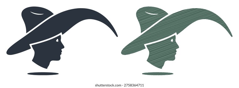 Solid and textured icons, woman head, elegant millinery, headwear set, side view face