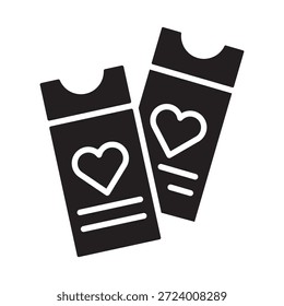 Solides Ticketsymbol mit Herzen. Schwarze Silhouette von romantischen Datum Einladung und Film Pass für Valentinstag. Fette Liebesveranstaltung Symbol, Vektorgrafik einzeln auf weißem Hintergrund.