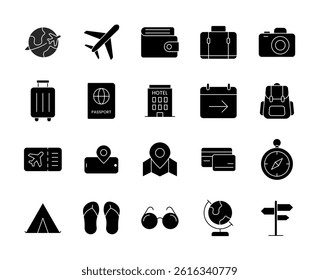 Solid Travel Icon Pack – 20 silhouette Style Tourism and Vacation Icons