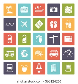 Solid travel and vacation icon set. Collection of tourism and leisure vector symbols, negative in rounded squares
