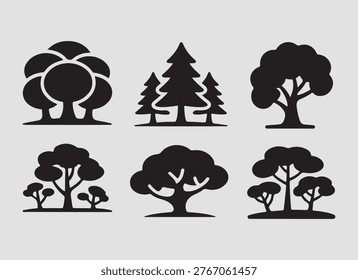 Solid trees forest canopy foliage icons set featuring forest layers lush leaves and natural environment elements for design