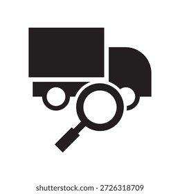 Camión sólido con icono de búsqueda para el seguimiento de pedidos o la localización de envíos.