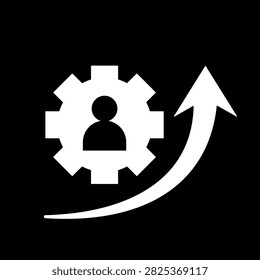 Solid upskill icon featuring a person inside a gear with a curved upward arrow representing skill improvement, professional development, training, and career advancement.