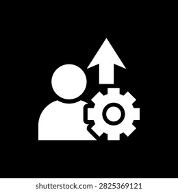 Solid upskill icon featuring a person, gear, and upward arrow representing skill development, employee training, career growth, and professional improvement.