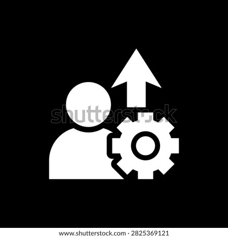 Solid upskill icon featuring a person, gear, and upward arrow representing skill development, employee training, career growth, and professional improvement.