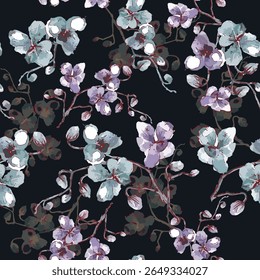 solid vector design, abstract seamless pattern, medium and small orchid flowers, for digital print ideas for textile fabrics or background images.