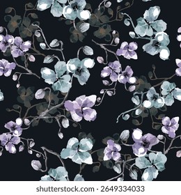 solid vector design, abstract seamless pattern, medium and small orchid flowers, for digital print ideas for textile fabrics or background images.