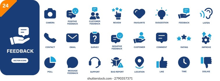 Solid vector feedback icon set including positive feedback, review, favourite, improvement and customer service symbols.
