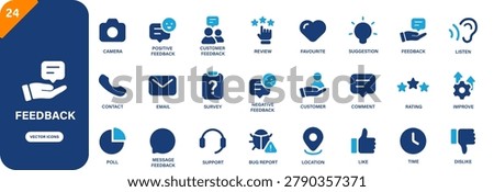 Solid vector feedback icon set including positive feedback, review, favourite, improvement and customer service symbols.