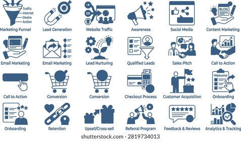 Solid vector glyph icon set of sales and digital marketing funnel featuring lead generation customer acquisition optimization and retention symbols