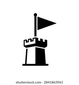 A solid vector icon depicting a castle tower topped with a flag. Suitable for strategy games, historical themes, maps, and UI navigation elements.