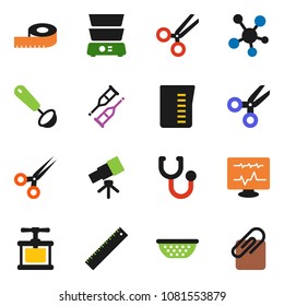 solid vector icon, ruler, telescope, scissors, social media, crutches, stethoscope, diagnostic monitor, attachment