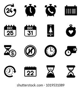 Solid vector icon set - 24 hours vector, alarm clock, phone, schedule, 25 dec calendar, 31, christmas mobile, stopwatch heart, account history, no parking even road sign, time, wallet, around, sand