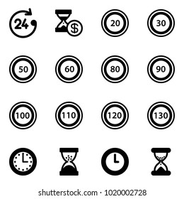 Solid vector icon set - 24 hours vector, account history, speed limit 20 road sign, 30, 50, 60, 80, 90, 100, 110, 120, 130, time, sand clock