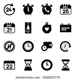 Solid vector icon set - 24 hours vector, alarm clock, phone, 25 dec calendar, 31, christmas mobile, stopwatch heart, schedule, no parking even road sign, time, wallet, around, sand