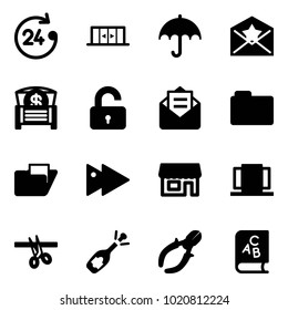 Solid vector icon set - 24 hours vector, automatic doors, insurance, star letter, money chest, unlocked, opened mail, folder, fast forward, store, opening, fizz, side cutters, abc book