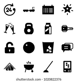 Solid vector icon set - 24 hours vector, baggage truck, schedule, christmas star, wine glasses, weight, milk, key, unlocked, record, garbage, dialog, tent, grill, hoe, game console