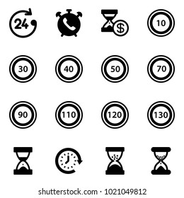 Solid vector icon set - 24 hours vector, phone alarm, account history, speed limit 10 road sign, 30, 40, 50, 70, 90, 110, 120, 130, sand clock, around