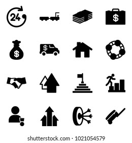 Solid vector icon set - 24 hours vector, baggage truck, dollar, money case, bag, encashment car, home, friends, agreement, arrow up, pyramid flag, career, winner, arrows, solution, suitcase