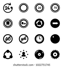 Solid vector icon set - 24 hours vector, prohibition road sign, speed limit 20, 70, no dangerous cargo, truck overtake, circle, only right, end, time, record, community, star man, cd, saw disk