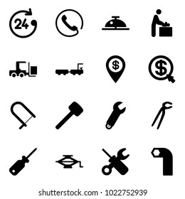 Solid vector icon set - 24 hours vector, phone, client bell, baby room, fork loader, baggage truck, dollar pin, money click, fretsaw, rubber hammer, wrench, plumber, screwdriver, jack, allen key