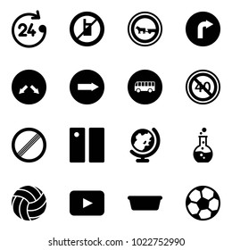 Solid vector icon set - 24 hours vector, no mobile sign, cart horse road, only right, detour, bus, end minimal speed limit, pause, globe, round flask, volleyball, playback, basin, soccer ball