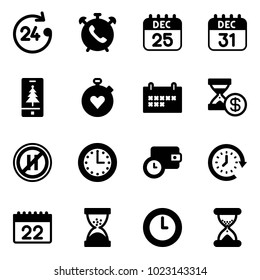 Solid vector icon set - 24 hours vector, phone alarm, 25 dec calendar, 31, christmas mobile, stopwatch heart, schedule, account history, no parking even road sign, time, wallet, clock around, sand