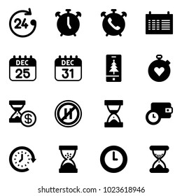 Solid vector icon set - 24 hours vector, alarm clock, phone, schedule, 25 dec calendar, 31, christmas mobile, stopwatch heart, account history, no parking even road sign, sand, wallet time, around