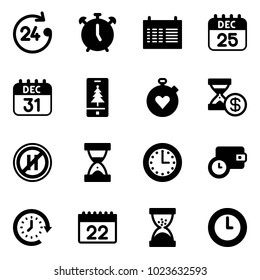Solid vector icon set - 24 hours vector, alarm clock, schedule, 25 dec calendar, 31, christmas mobile, stopwatch heart, account history, no parking even road sign, sand, time, wallet, around
