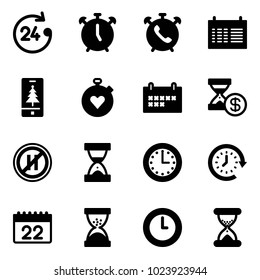 Solid Vector Icon Set - 24 Hours Vector, Alarm Clock, Phone, Schedule, Christmas Mobile, Stopwatch Heart, Account History, No Parking Even Road Sign, Sand, Time, Around, Calendar