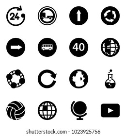 Solid vector icon set - 24 hours vector, no trailer road sign, only forward, circle, right, bus, minimal speed limit, globe, friends, reload, round flask, volleyball, playback