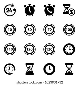 Solid vector icon set - 24 hours vector, alarm clock, phone, account history, speed limit 10 road sign, 30, 70, 100, 110, 120, 130, time, around, sand