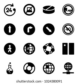Solid vector icon set - 24 hours vector, no computer sign, pill, trailer road, only forward, right, detour, end minimal speed limit, pedestrian way, globe, friends, pause, round flask, circle chart