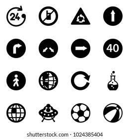 Solid vector icon set - 24 hours vector, no mobile sign, round motion road, only forward, right, detour, minimal speed limit, pedestrian way, globe, reload, flask, ufo toy, soccer ball, beach