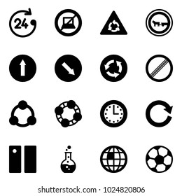 Solid vector icon set - 24 hours vector, no computer sign, round motion road, cart horse, only forward, detour, circle, limit, social, friends, time, reload, pause, flask, globe, soccer ball