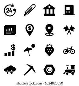 Solid vector icon set - 24 hours vector, thermometer, bank, atm, statistics report, dollar pin, map, flags cross, chart, beach, strawberry, bike, cloud exchange data, axe, nut, toy train