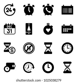 Solid vector icon set - 24 hours vector, alarm clock, phone, schedule, 31 dec calendar, christmas mobile, stopwatch heart, account history, no parking even road sign, sand, time, wallet, around