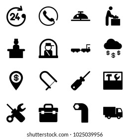 Solid vector icon set - 24 hours vector, phone, client bell, baby room, recieptionist, officer window, baggage truck, money rain, dollar pin, fretsaw, screwdriver, tool box, wrench, allen key, toy