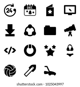 Solid vector icon set - 24 hours vector, christmas calendar, star postcard, monitor cursor, download, social, folder, telescope, tag code, standby, stars, swimsuit, volleyball, tile drill