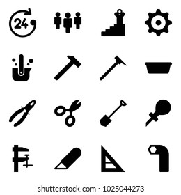 Solid vector icon set - 24 hours vector, group, success, gear, casting of steel, hammer, mason, basin, pliers, scissors, shovel, oiler, clamp, work knife, corner ruler, allen key