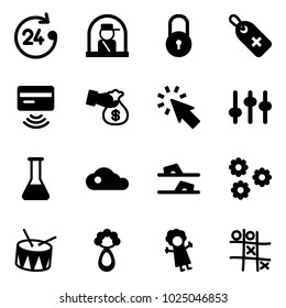 Solid Vector Icon Set - 24 Hours Vector, Officer Window, Lock, Medical Label, Tap Pay, Encashment, Cursor, Settings, Flask, Cloud, Flip Flops, Flower, Drum, Beanbag, Doll, Tic Tac Toe