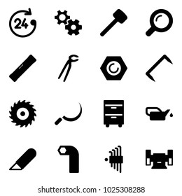 Solid vector icon set - 24 hours vector, gear, rubber hammer, magnifier, level, plumber, nut, staple, saw disk, sickle, tool cabinet, oiler, work knife, allen key, set, sharpening