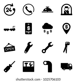 Solid vector icon set - 24 hours vector, phone, client bell, officer window, baggage truck, mobile payment, money rain, dollar pin, open, wrench, plumber, screwdriver, tool box, allen key, toy