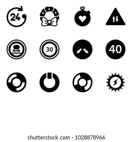 Solid vector icon set - 24 hours vector, christmas wreath, stopwatch heart, oncoming traffic road sign, no dangerous cargo, speed limit 30, detour, minimal, lifebuoy, standby, circle chart