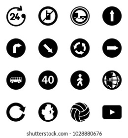 Solid vector icon set - 24 hours vector, no mobile sign, trailer road, only forward, right, detour, circle, bus, minimal speed limit, pedestrian way, globe, reload, volleyball, playback