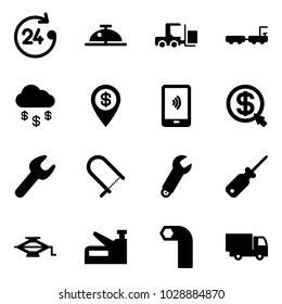 Solid vector icon set - 24 hours vector, client bell, fork loader, baggage truck, money rain, dollar pin, mobile payment, click, wrench, fretsaw, screwdriver, jack, stapler, allen key, toy