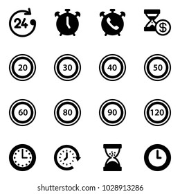 Solid vector icon set - 24 hours vector, alarm clock, phone, account history, speed limit 20 road sign, 30, 40, 50, 60, 80, 90, 120, time, around, sand