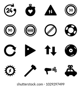 Solid vector icon set - 24 hours vector, stopwatch heart, oncoming traffic road sign, speed limit 30, 90, customs, no, lifebuoy, reload, play, up down arrows, cd, sun power, sledgehammer, dryer