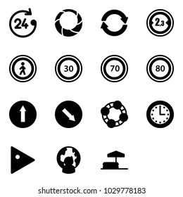 Solid vector icon set - 24 hours vector, christmas wreath, exchange, limited width road sign, no pedestrian, speed limit 30, 70, 80, only forward, detour, friends, time, play, man globe